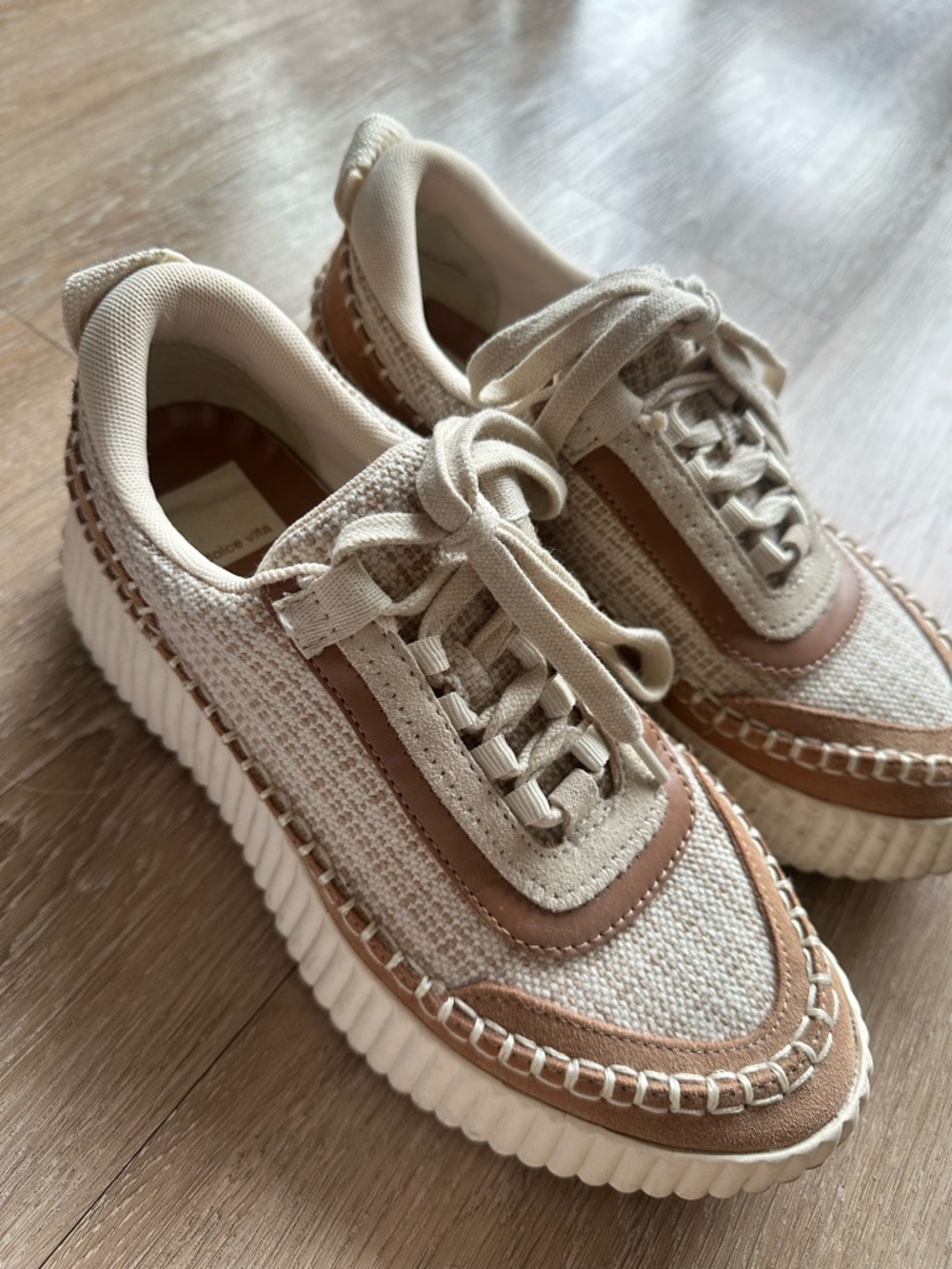 Dolce Vita Dolen Beige Canvas & Tan Trim Platform Sneakers